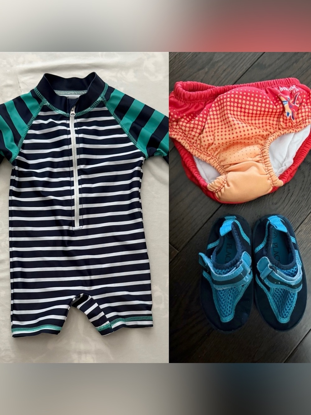 Baby Boy Rash guard Swimsuit, Children’s Place Water Shoes & Swim Diaper Bundle